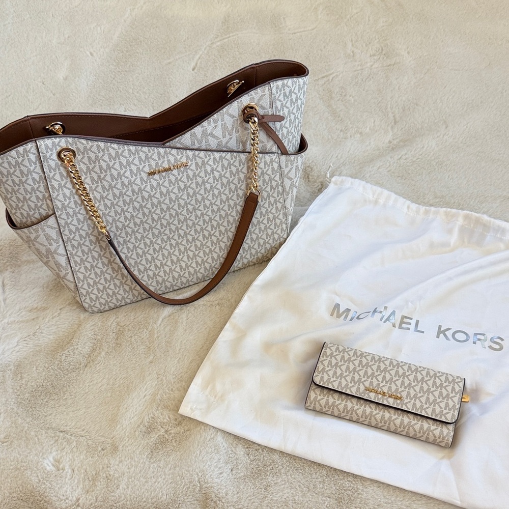 Michael Kors Cream and Brown Tote and wallet with Gold Accents